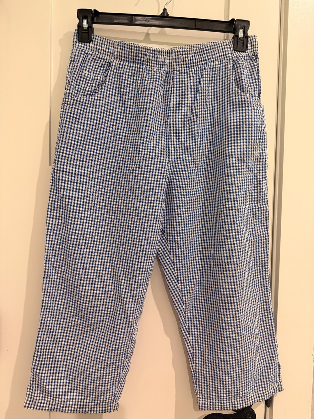 Westbound Blue Gingham Pull-On Capri Pants Split Sides Pockets Elastic No String